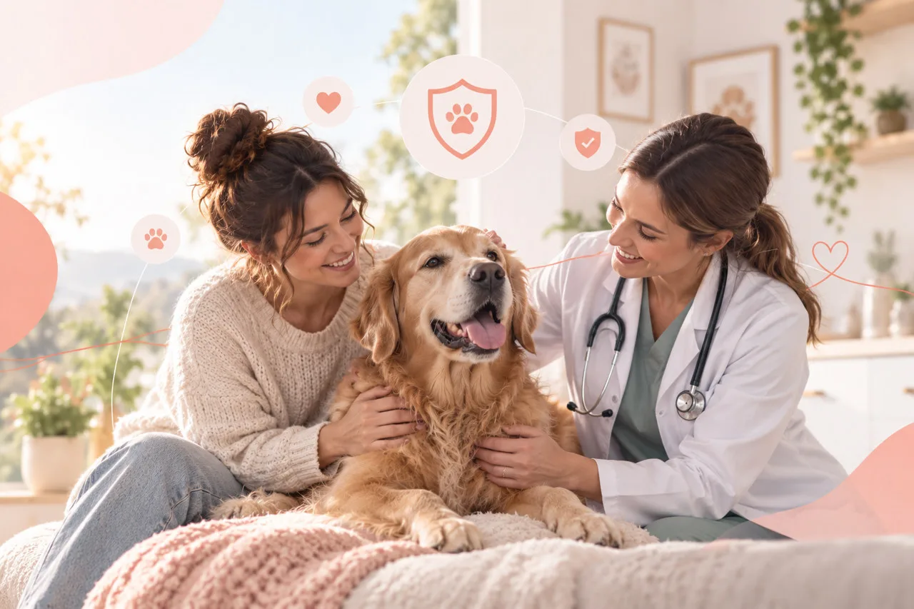 Veterinarian examining a dog with its owner present