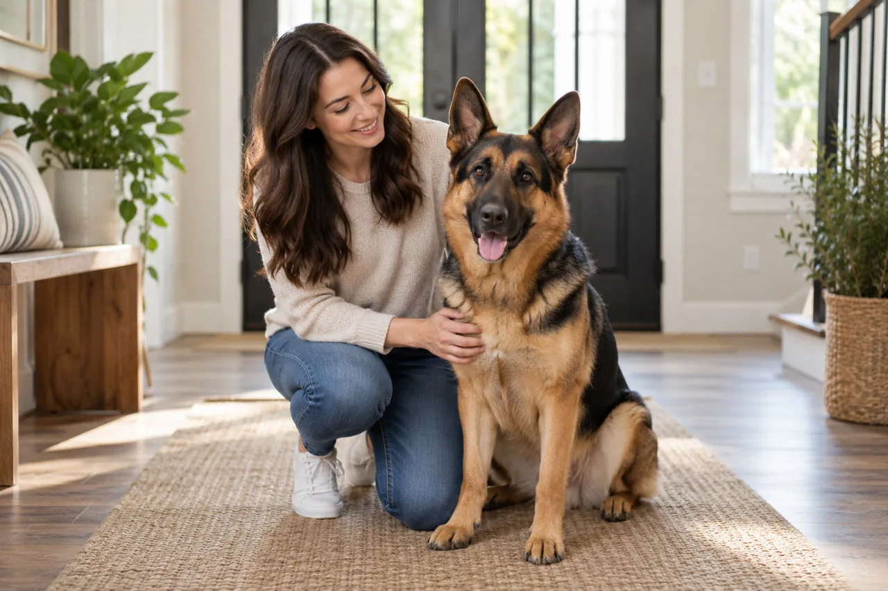 Person sitting at home beside a shepherd-type dog